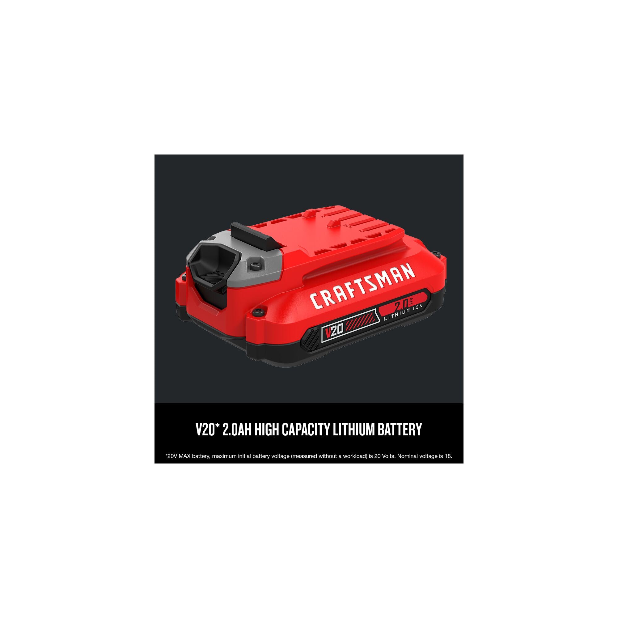 Craftsman V20 2.0Ah battery with LED indicators showing charge status.