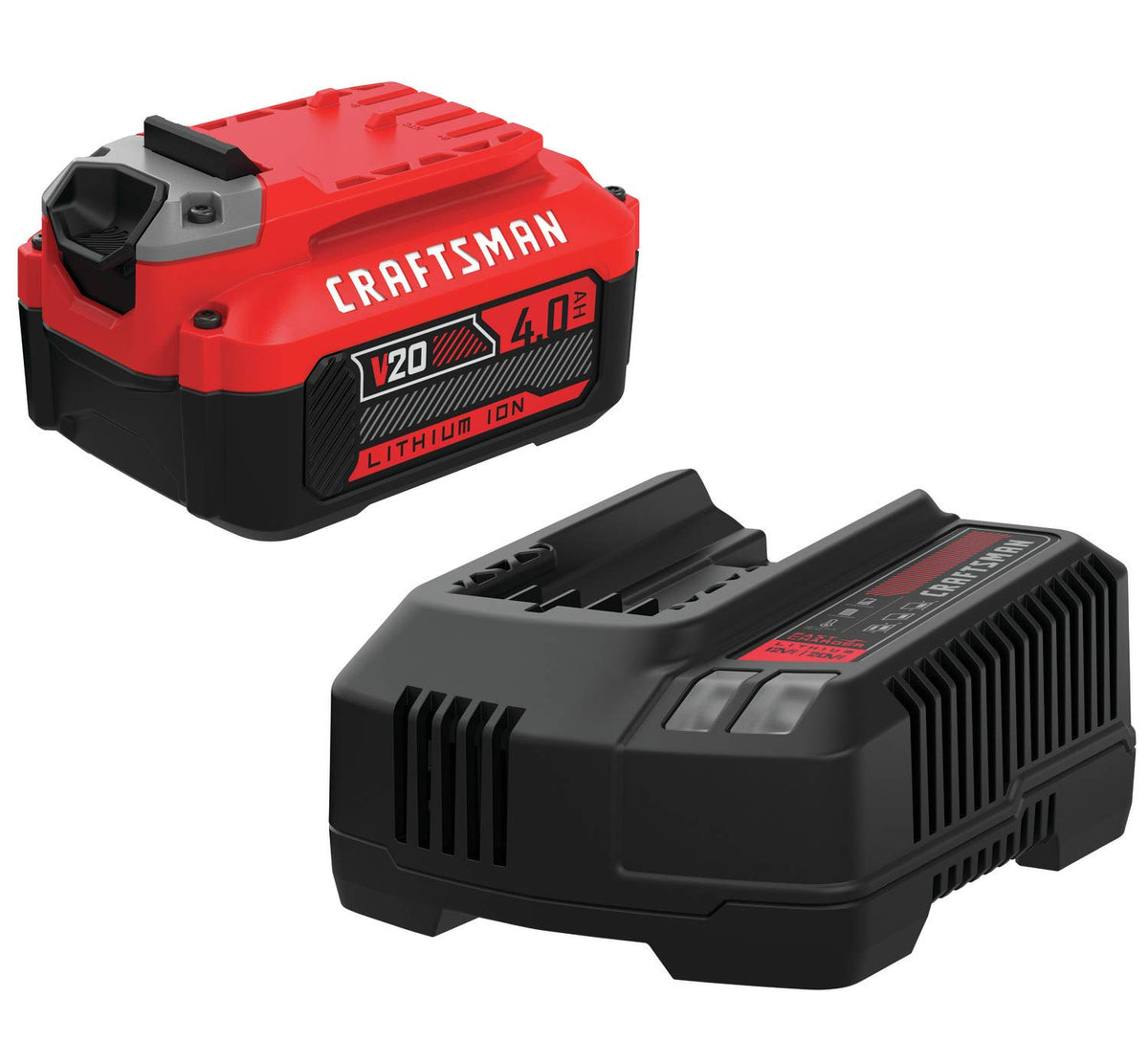 CRAFTSMAN V20 4Ah battery and charger front view, ready for quick charging