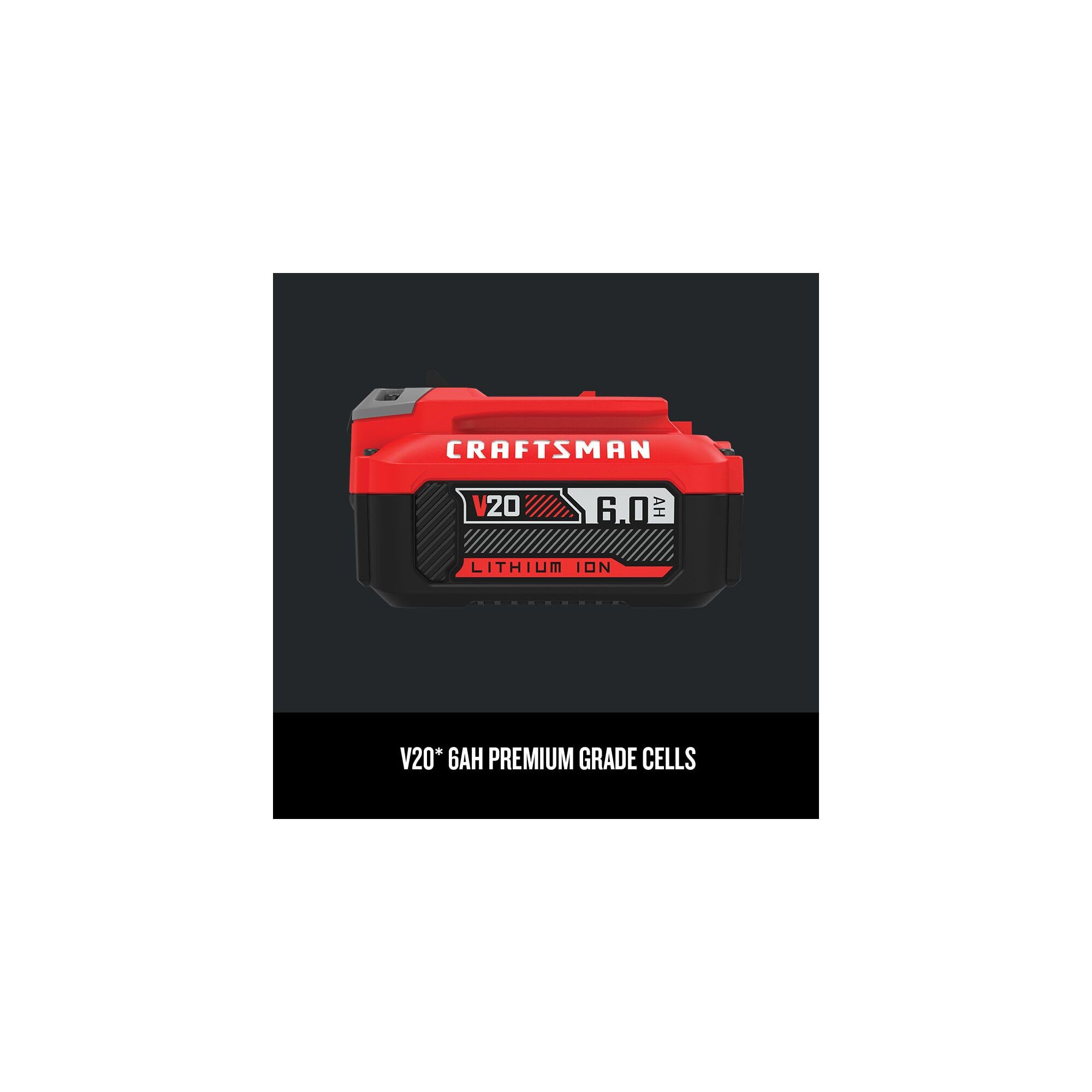 Craftsman V20 6Ah battery back label provides quick spec readout for informed purchases.