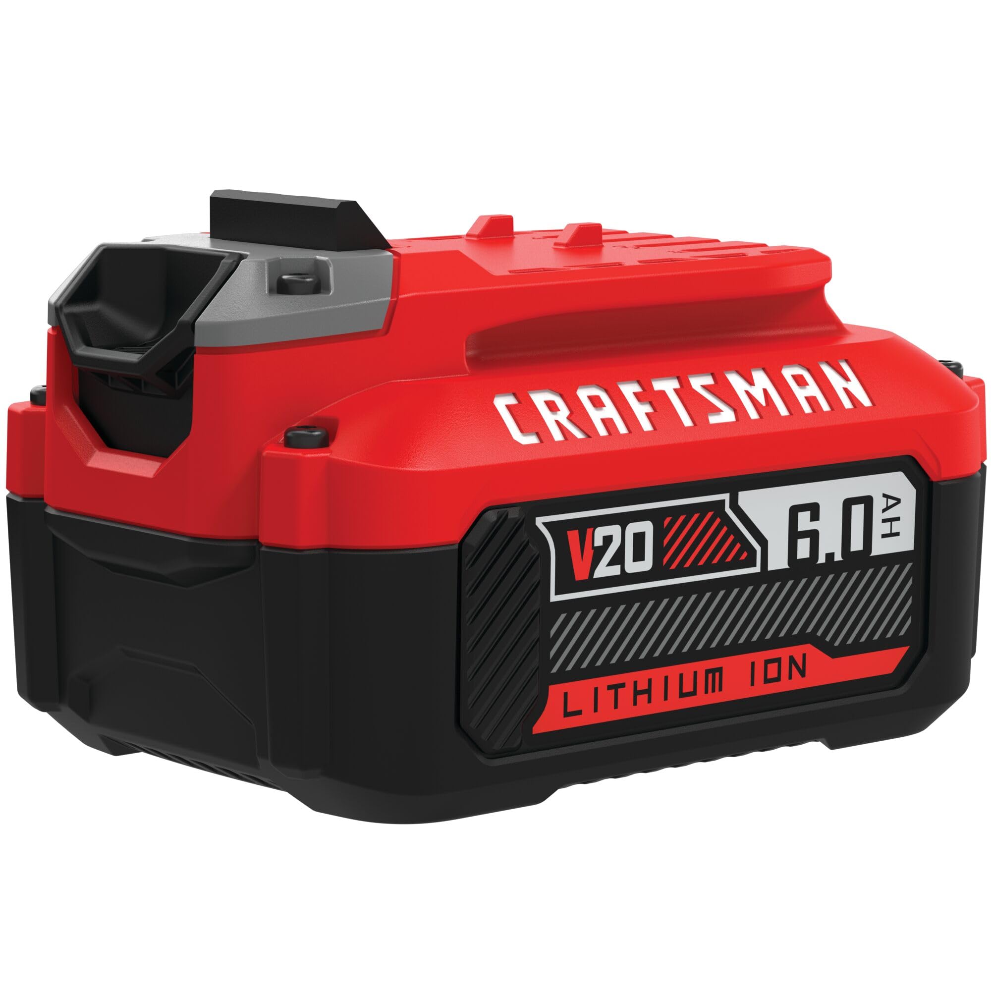 Craftsman V20 6Ah battery front view highlights compact design for easy handling.