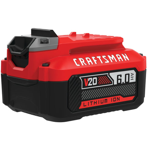 Craftsman V20 6Ah battery front view highlights compact design for easy handling.