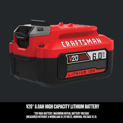 Craftsman V20 6Ah battery pack with tools demonstrates versatile compatibility across V20 tools.