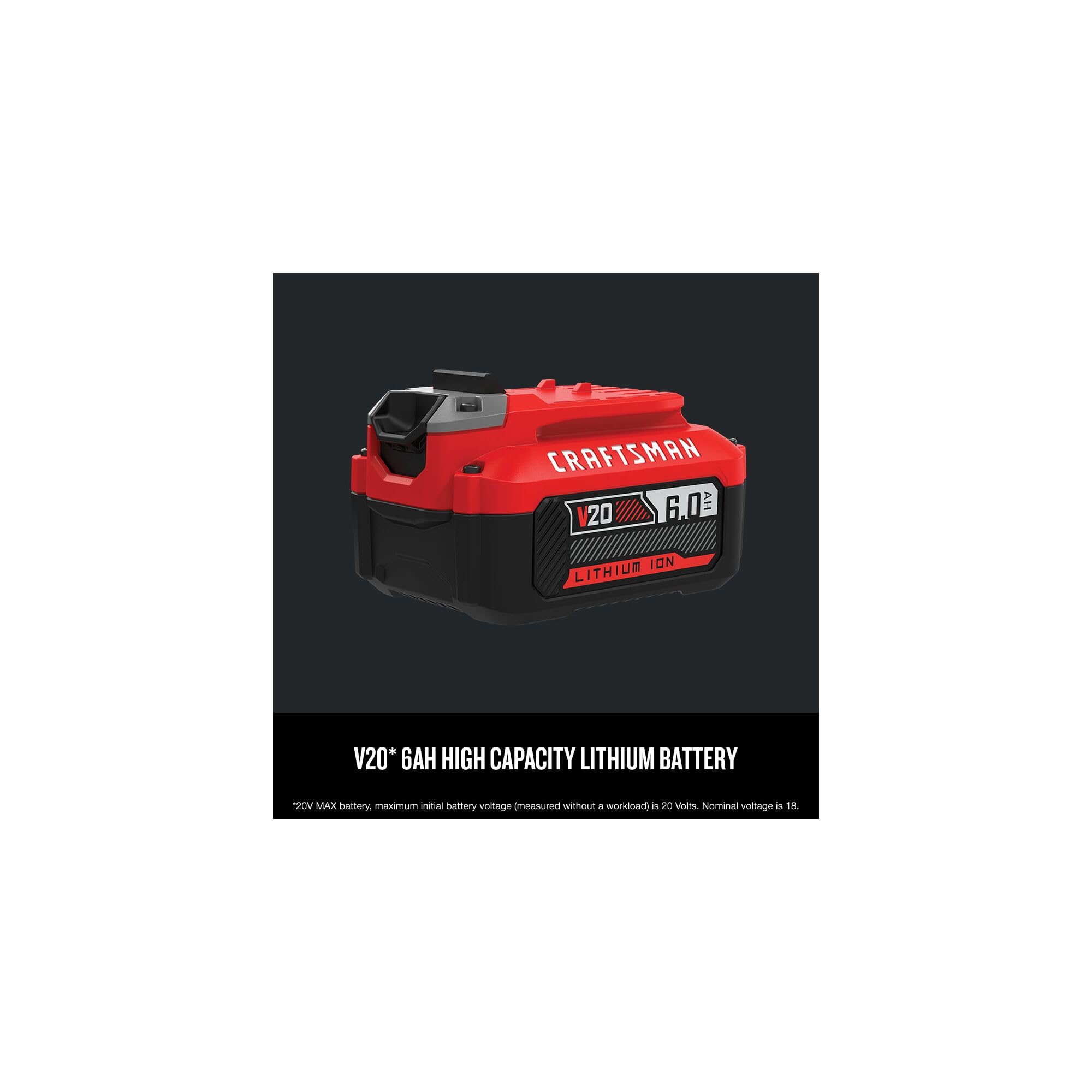 Craftsman V20 6Ah battery side profile shows airflow and balanced weight for comfortable use.