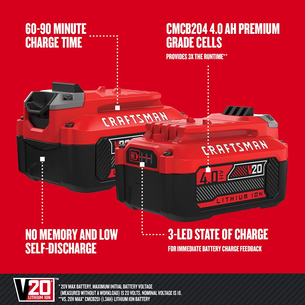 CRAFTSMAN V20 battery side profile highlighting no memory and low self-discharge
