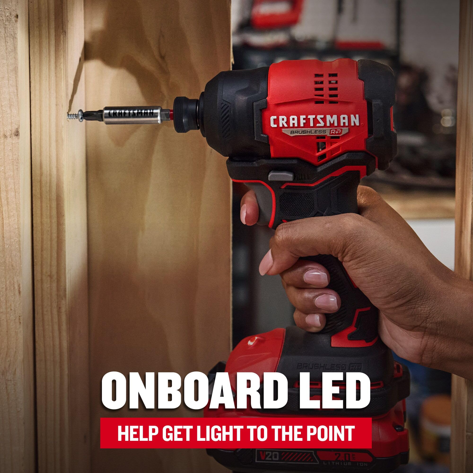 Craftsman V20 RP onboard LED lights the work area.