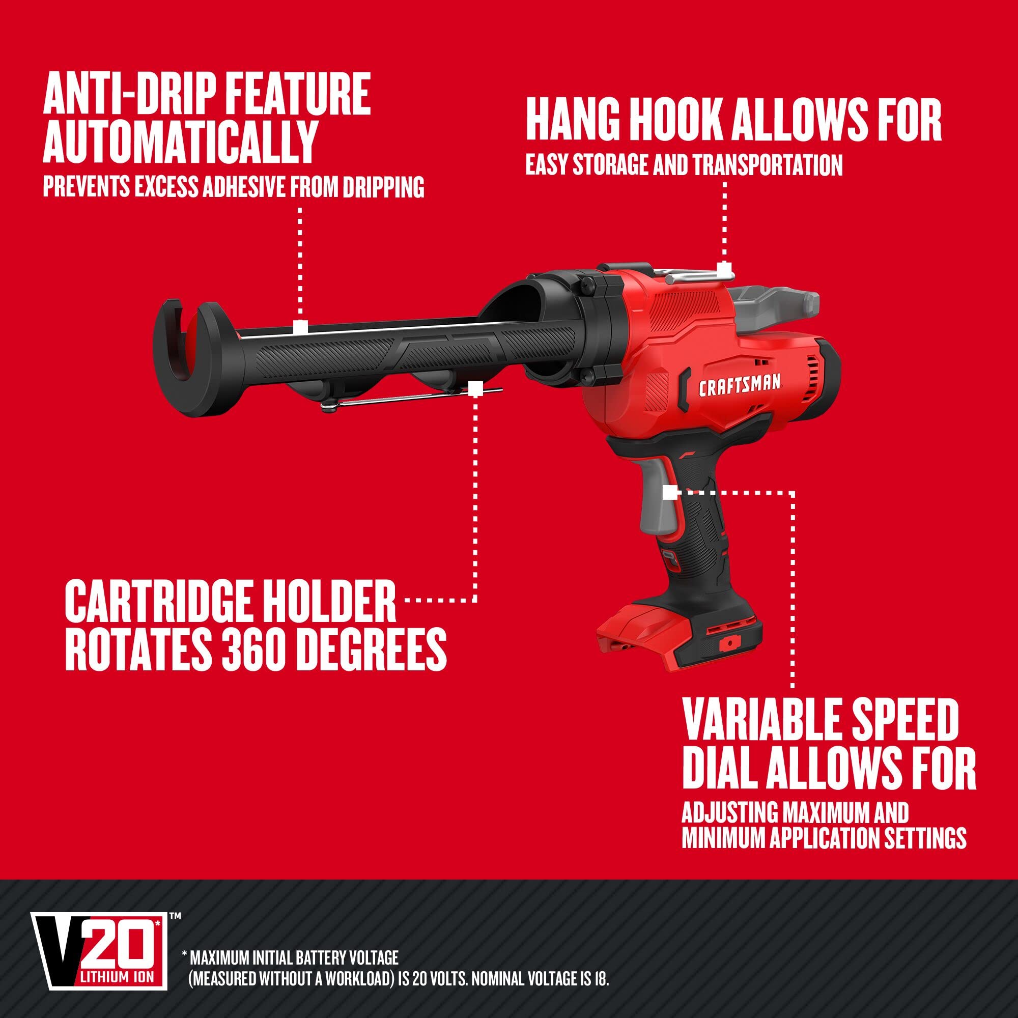CRAFTSMAN V20 cordless caulk gun showing variable speed control for precision