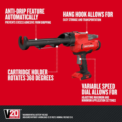 CRAFTSMAN V20 cordless caulk gun showing variable speed control for precision