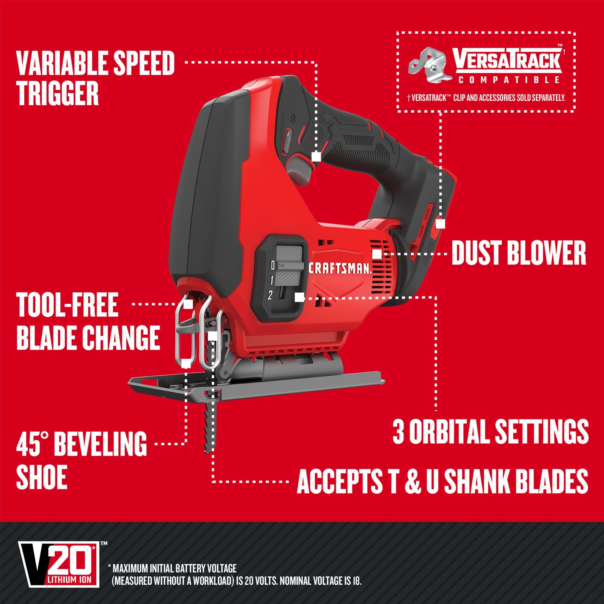 CRAFTSMAN V20 jig saw bevels to 45 degrees for clean, accurate bevels.