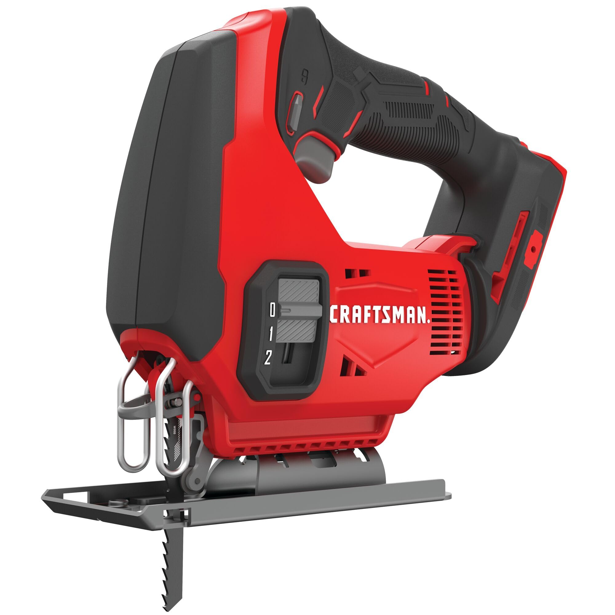 CRAFTSMAN V20 cordless jig saw performing an angled cut with precise control.