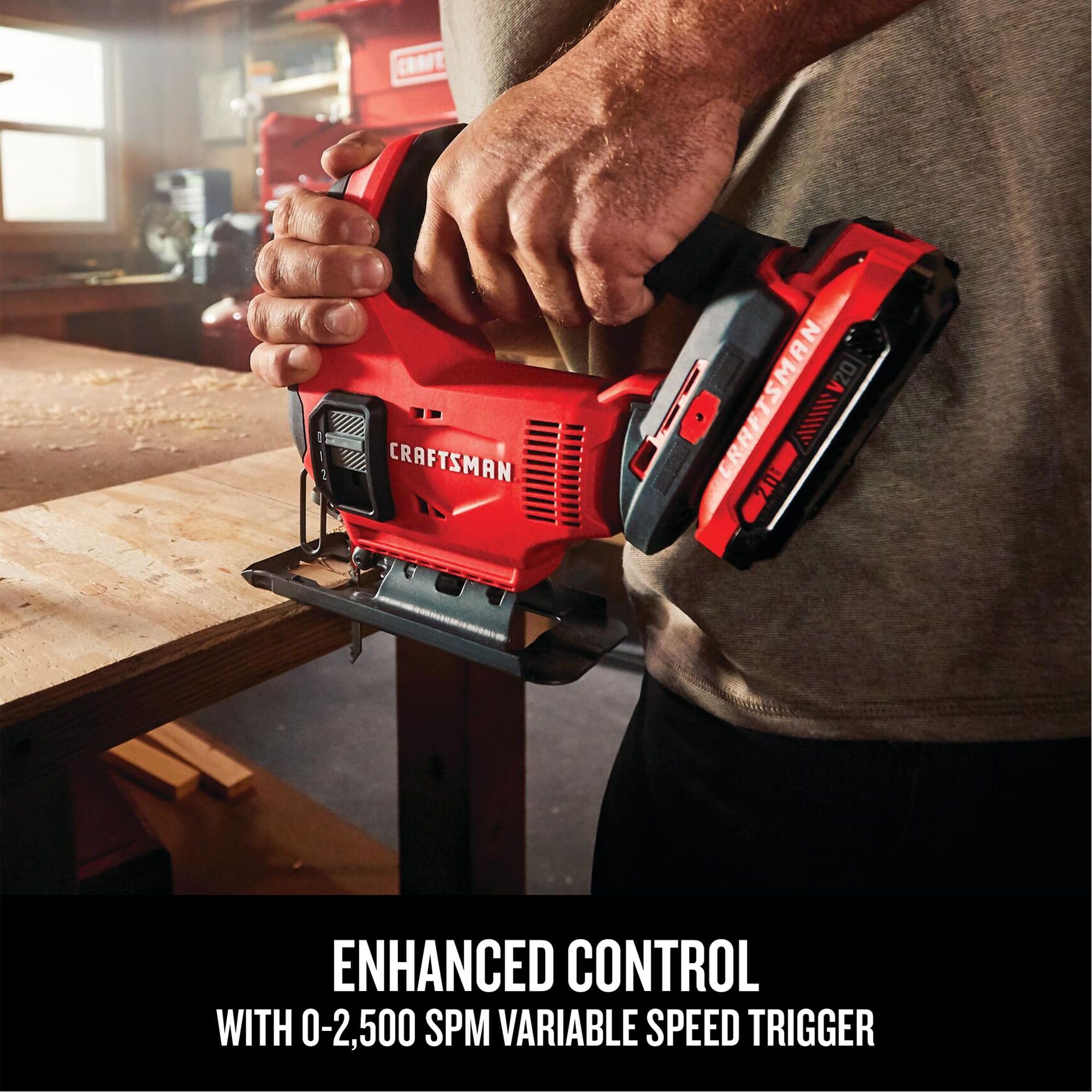 Ergonomic overmolded handle on CRAFTSMAN V20 enhances comfort during use.