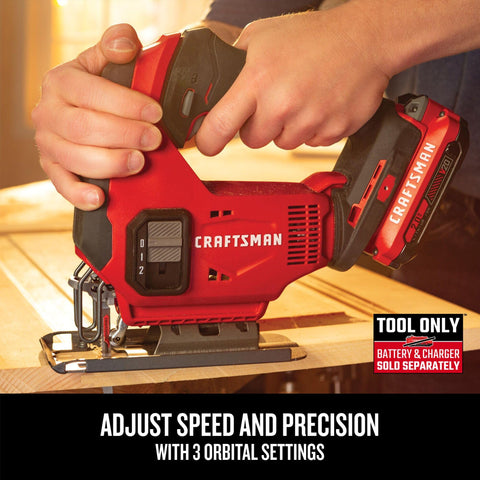 CRAFTSMAN V20 cordless jig saw demonstrates variable speed for material precision.