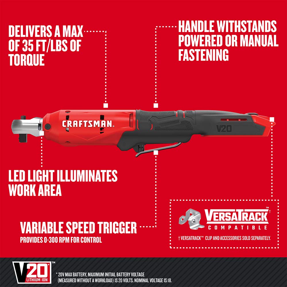 CRAFTSMAN V20 ratchet wrench delivers 300 RPM for efficient automotive work.