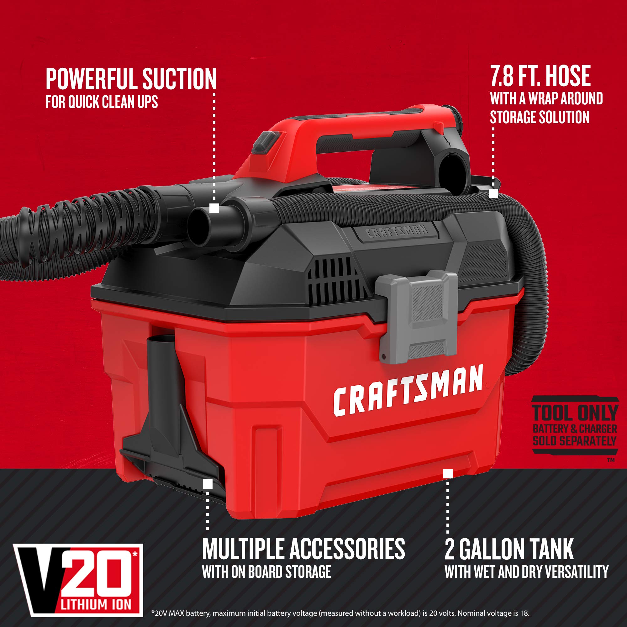 CRAFTSMAN V20 2-gallon tank ready for wet and dry messes.