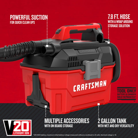 CRAFTSMAN V20 2-gallon tank ready for wet and dry messes.