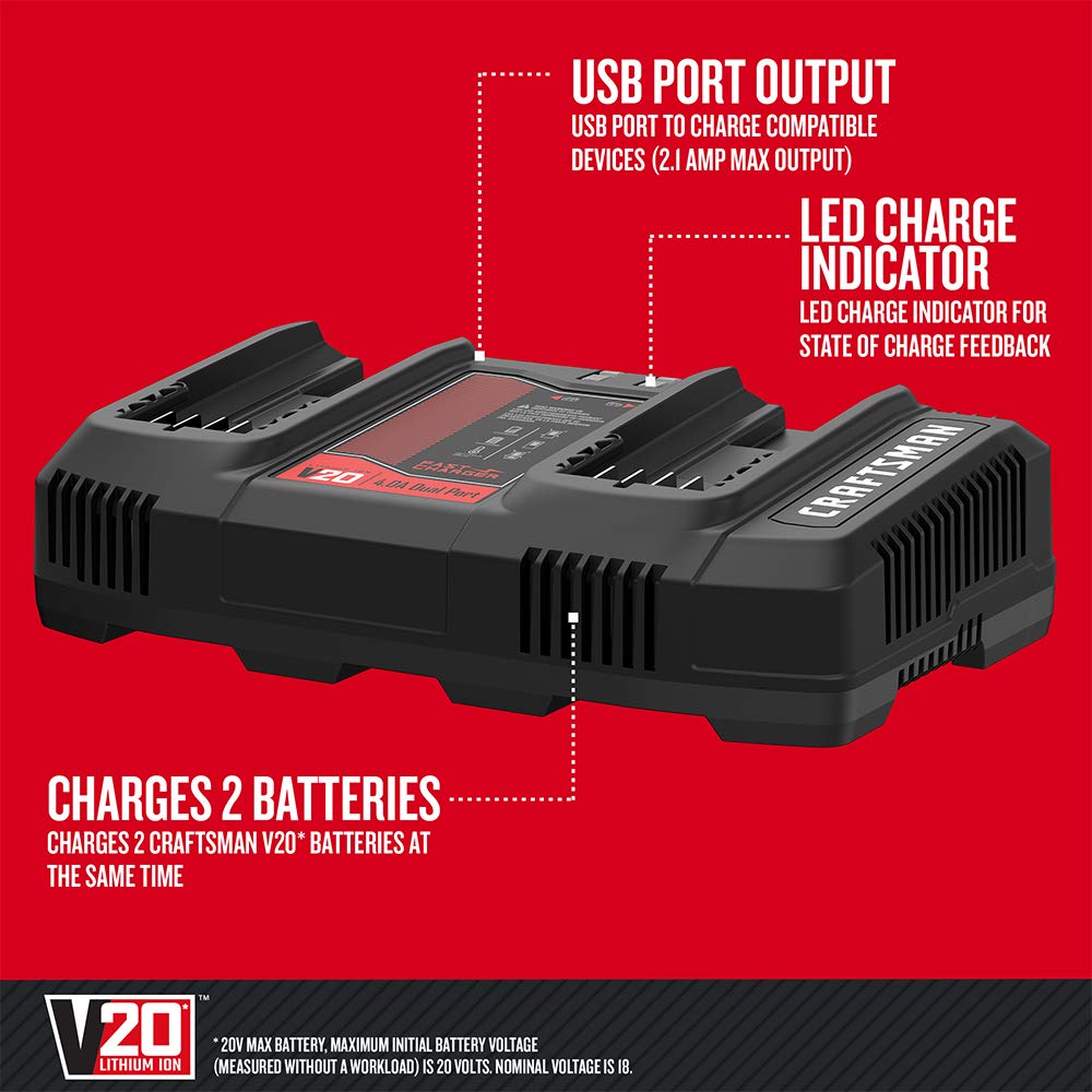 Craftsman V20 dual-port charger back panel showing ports and indicators