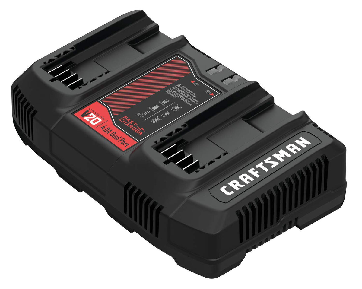 Craftsman V20 dual-port charger front view enabling simultaneous battery charging