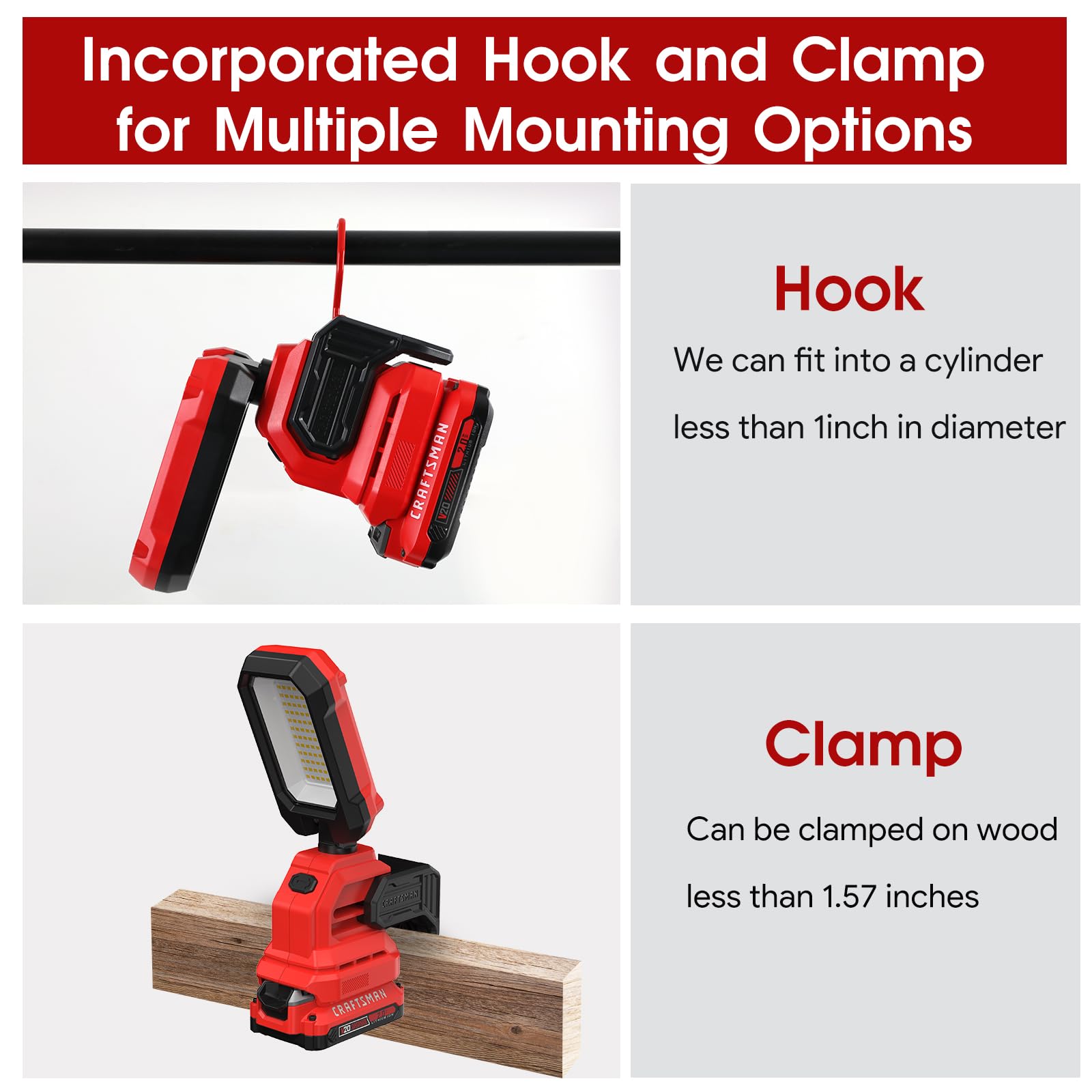 CRAFTSMAN V20 LED work light features hook and clamp for versatile mounting.