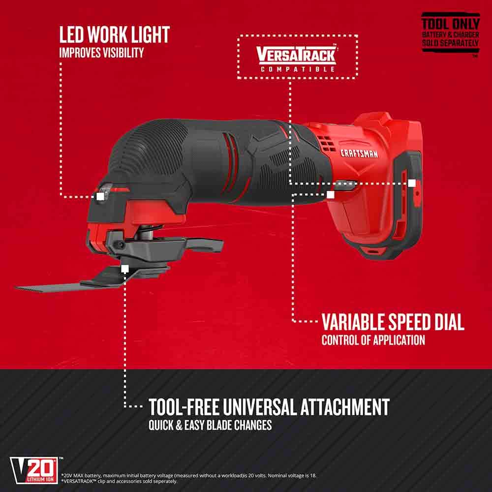 CRAFTSMAN V20 oscillating tool with kit storage bag showing organized accessories