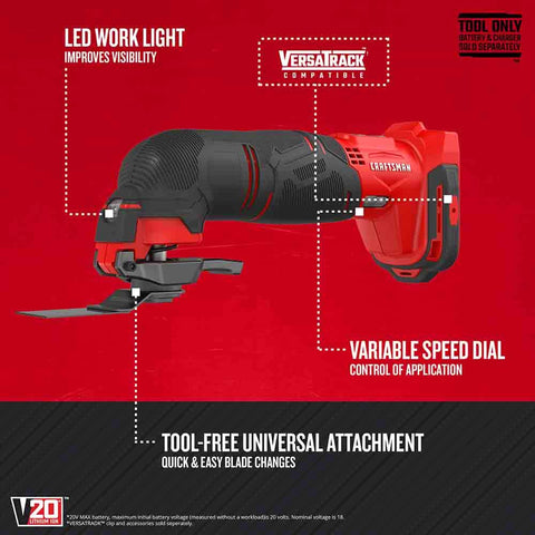 CRAFTSMAN V20 oscillating tool with kit storage bag showing organized accessories