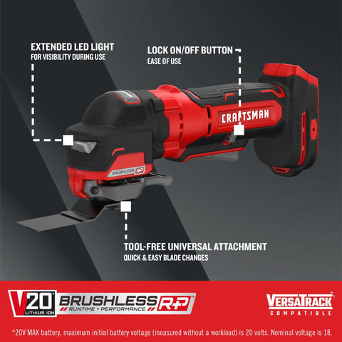 CRAFTSMAN V20 tool with variable-speed trigger enables precise control.