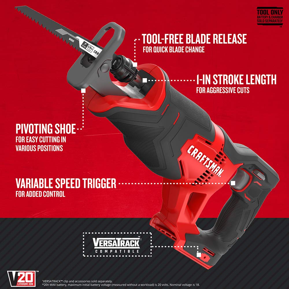Craftsman V20 quick-blade-change shows fast blade swaps during a project.
