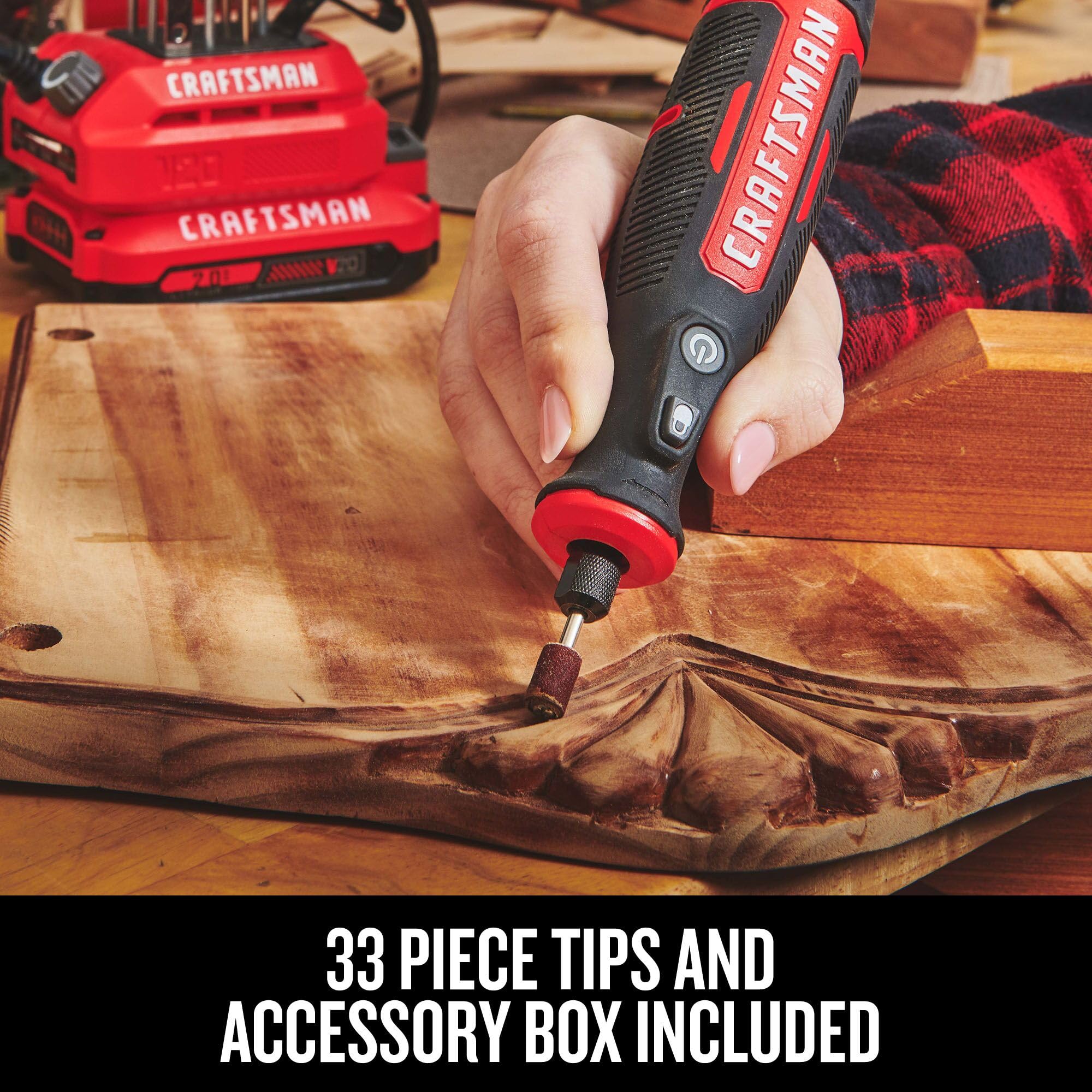 Craftsman V20 rotary tool with 33 tips and accessory box included.