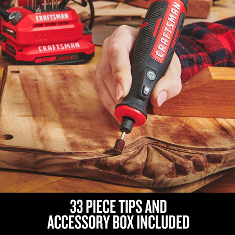 Craftsman V20 rotary tool with 33 tips and accessory box included.