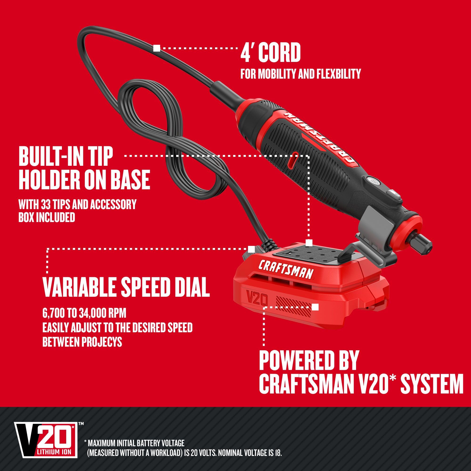 Craftsman V20 rotary tool showing a 4-foot cord for flexible maneuverability.