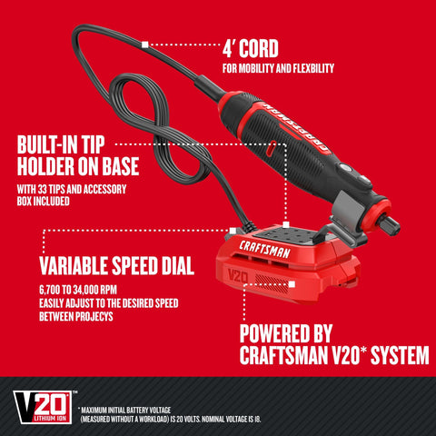 Craftsman V20 rotary tool showing a 4-foot cord for flexible maneuverability.