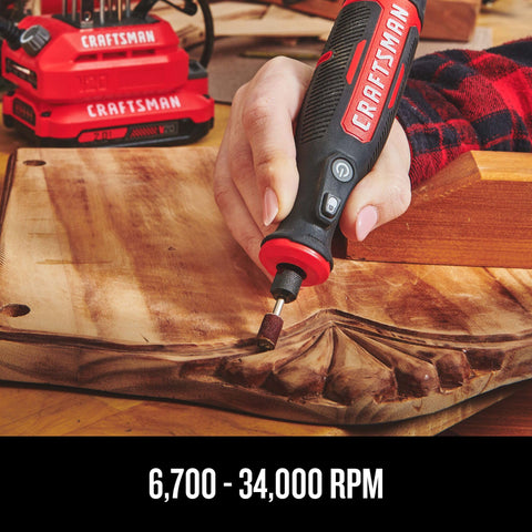 Craftsman V20 rotary tool featuring a built-in tip holder for easy tip access.