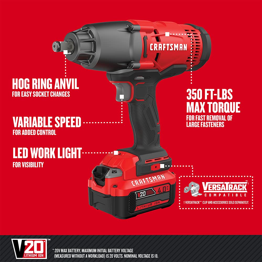 CRAFTSMAN V20 RP 12-in cordless impact wrench side view shows balanced grip