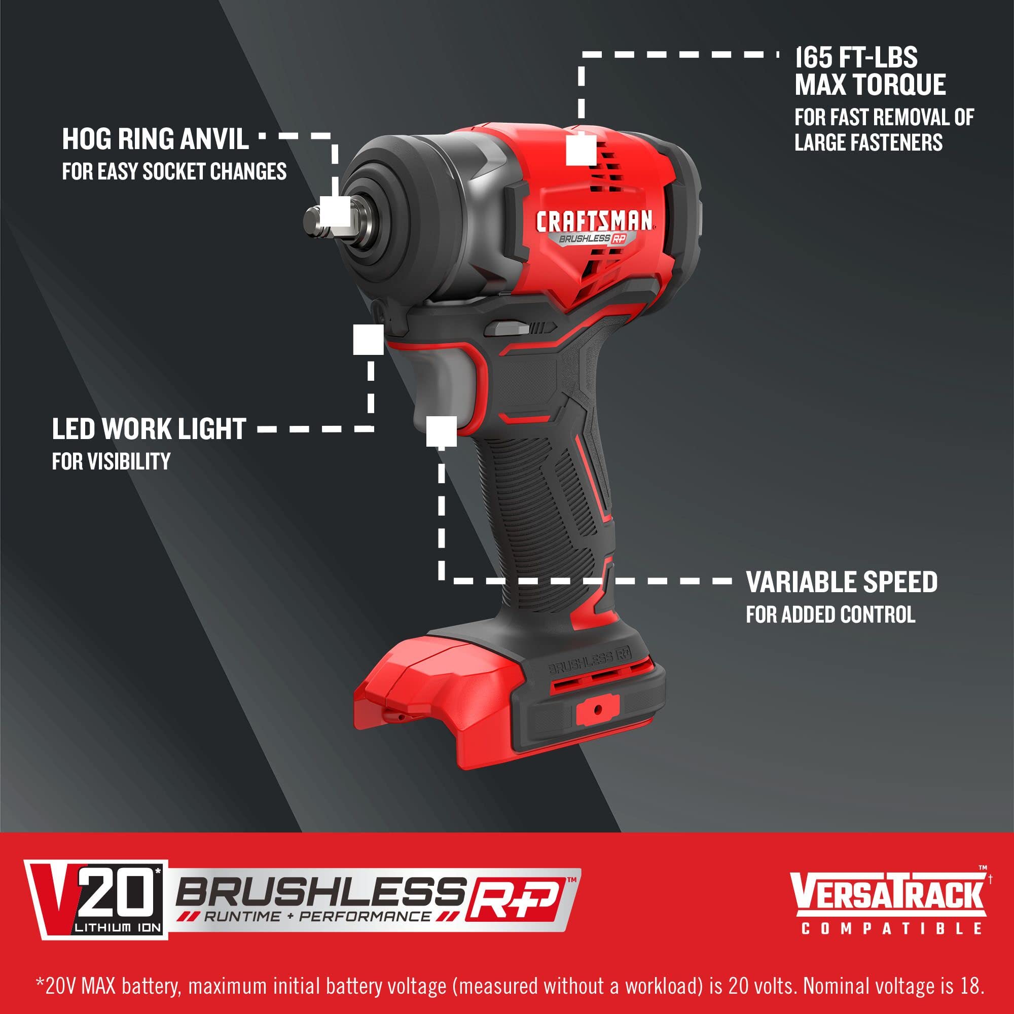 CRAFTSMAN V20 RP cordless impact wrench with LED worklight for improved jobsite visibility