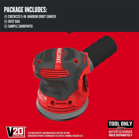 CRAFTSMAN V20 sander with onboard dust bag for efficient dust collection.