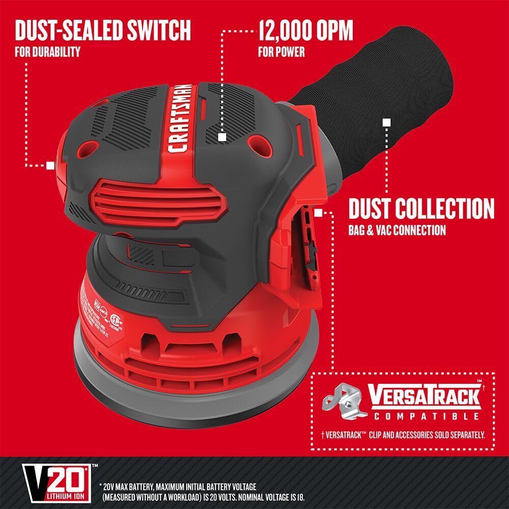 CRAFTSMAN V20 sander connected to vacuum hose for cleaner workshop.