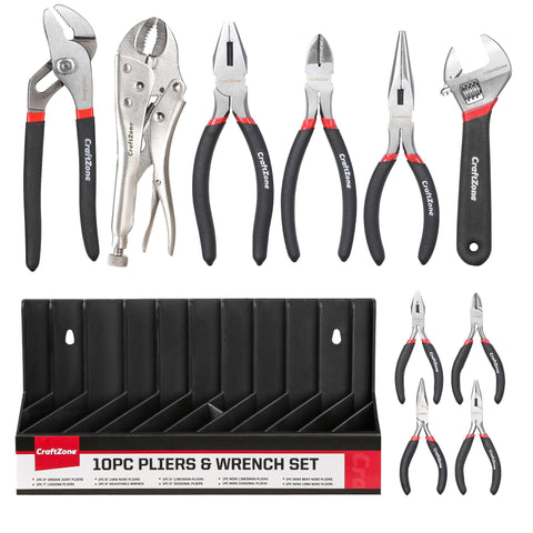 CraftZone 10pc pliers and wrench set on a storage rack for organized tools