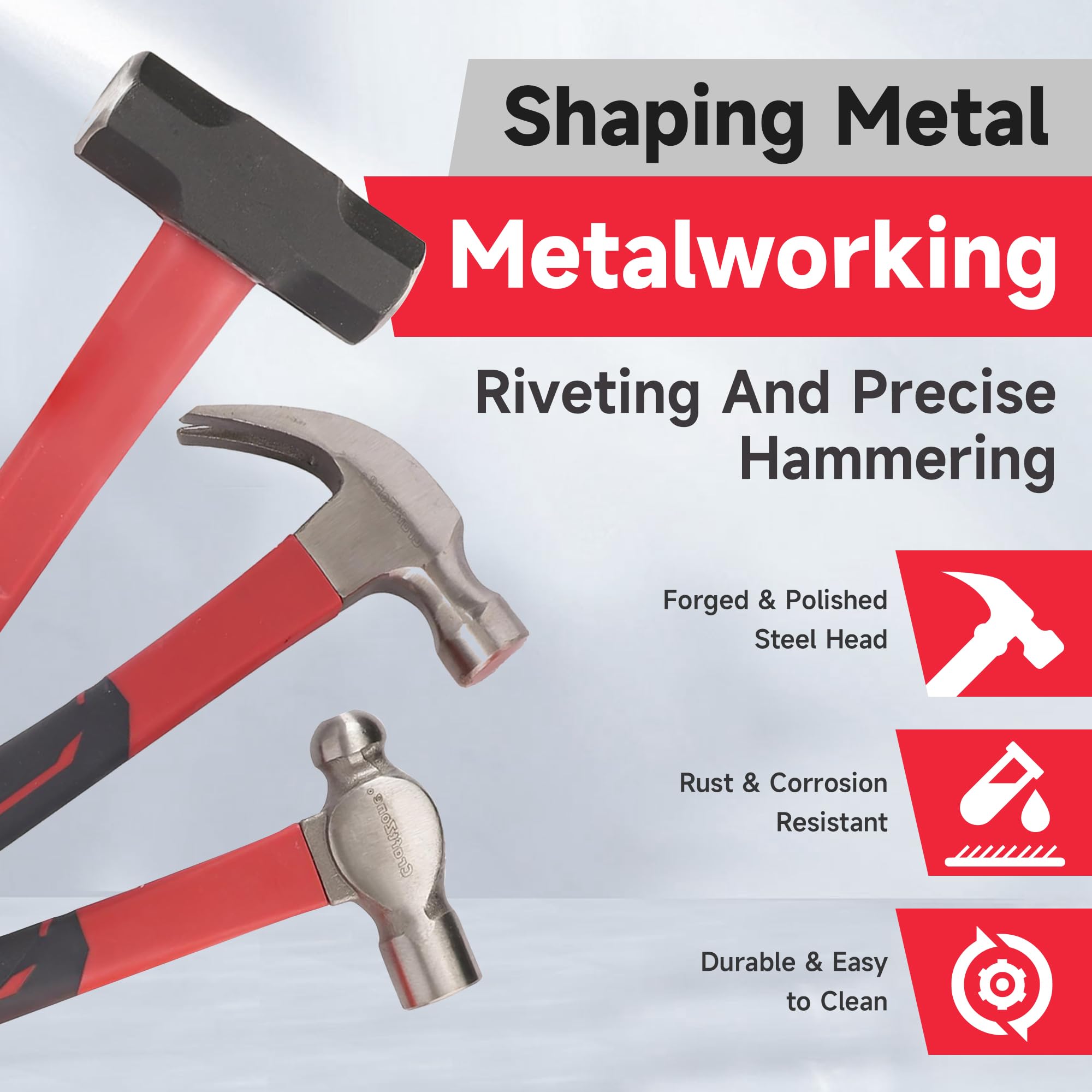CraftZone 16oz ball peen hammer with dual faces for riveting and finishing.