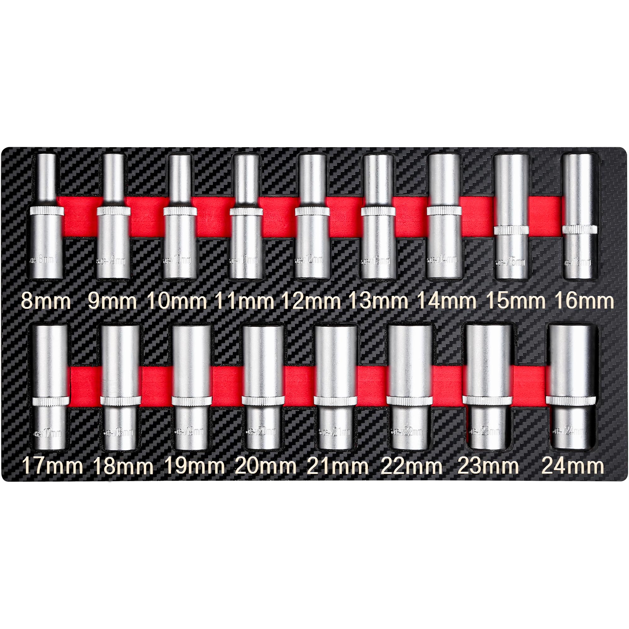 CRAFTZONE 17-piece deep socket set with half-inch drive and EVA tray for organized automotive tasks.