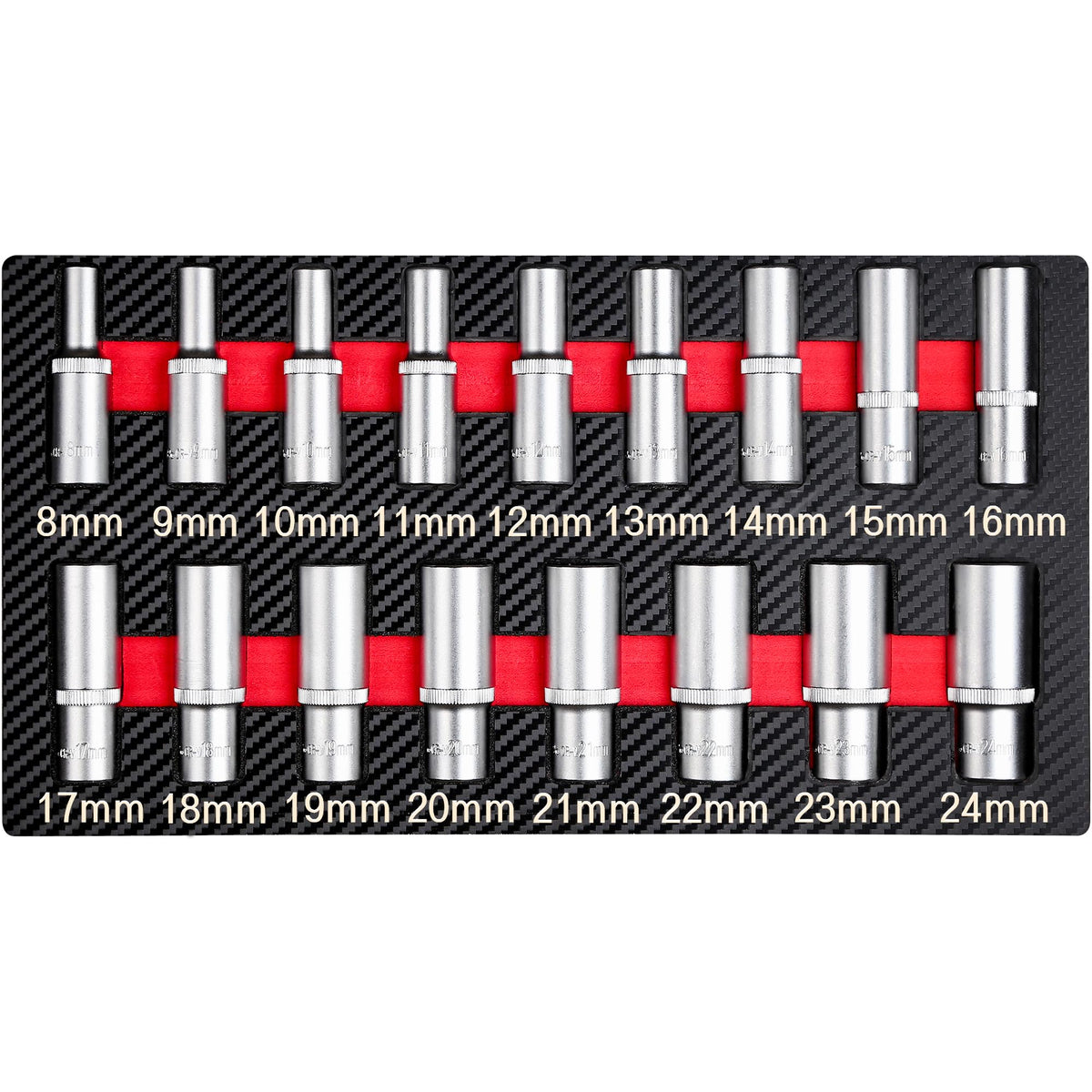 CRAFTZONE 17-piece deep socket set with half-inch drive and EVA tray for organized automotive tasks.