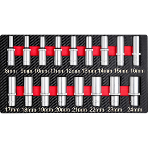 CRAFTZONE 17-piece deep socket set with half-inch drive and EVA tray for organized automotive tasks.