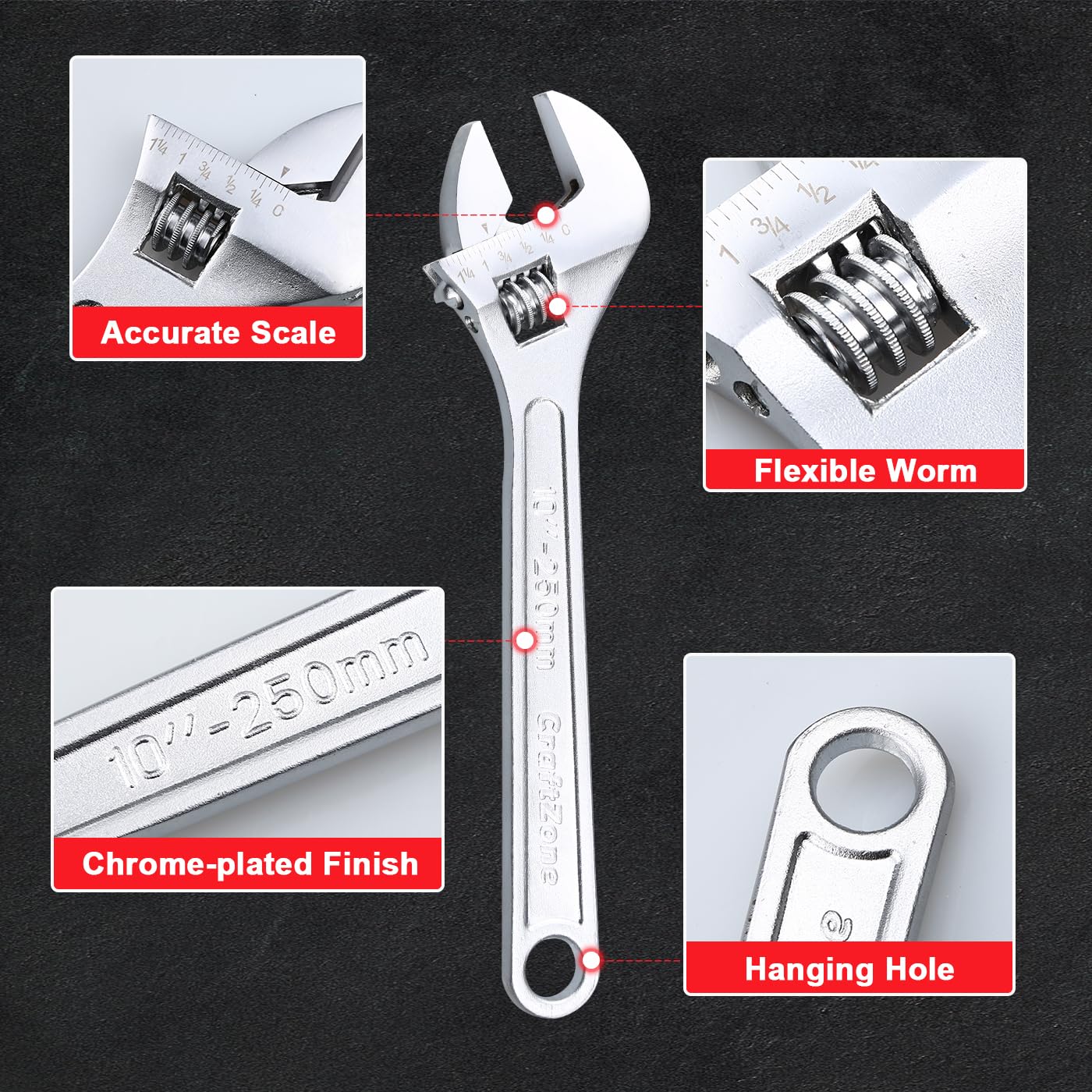 CRAFTZONE adjustable wrench 10-inch provides maximum leverage for stubborn fasteners