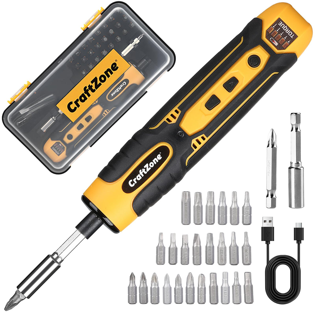 CRAFTZONE cordless screwdriver with LED light illuminates work areas for precise driving.