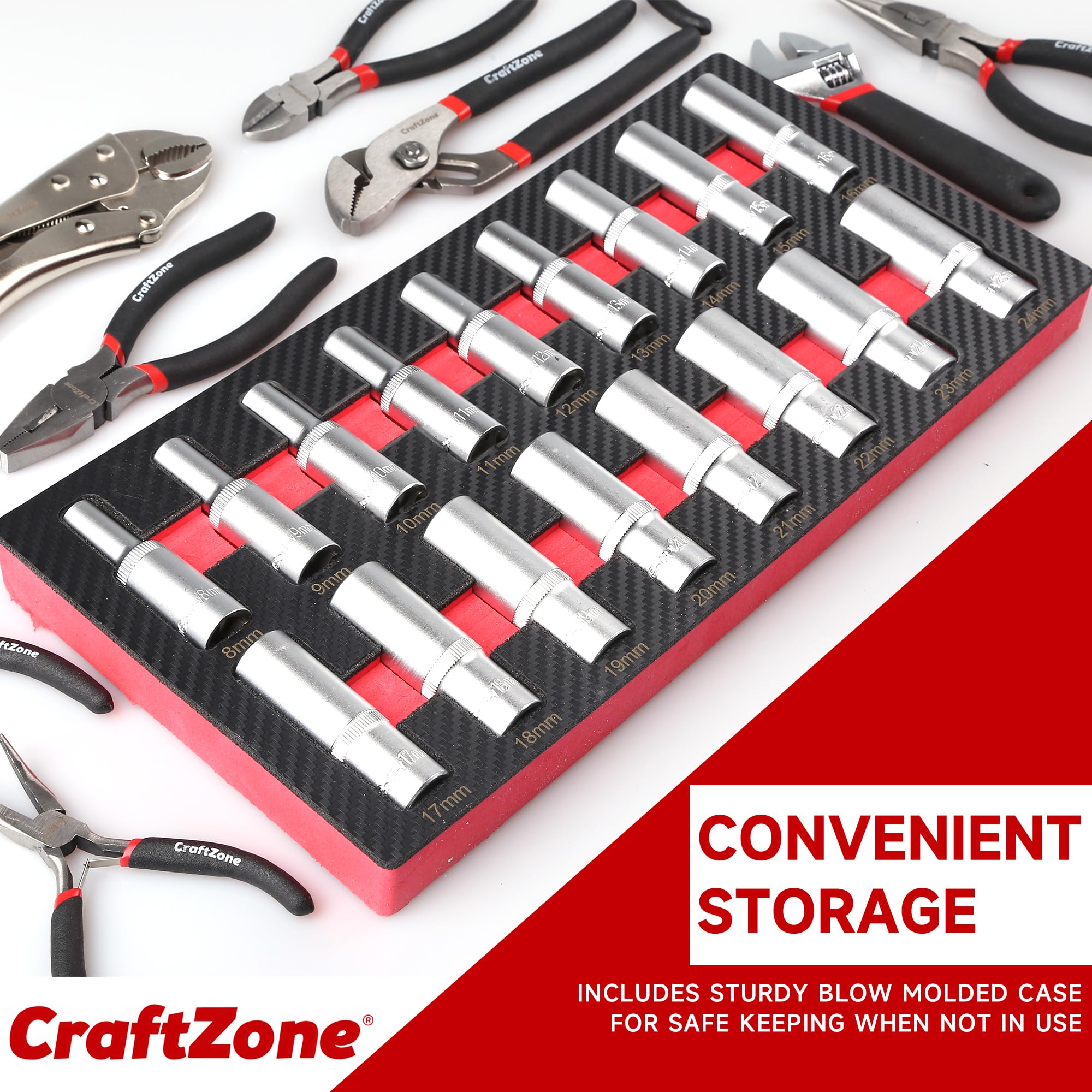 CRAFTZONE EVA foam tray keeps all sockets neatly organized in your toolbox.