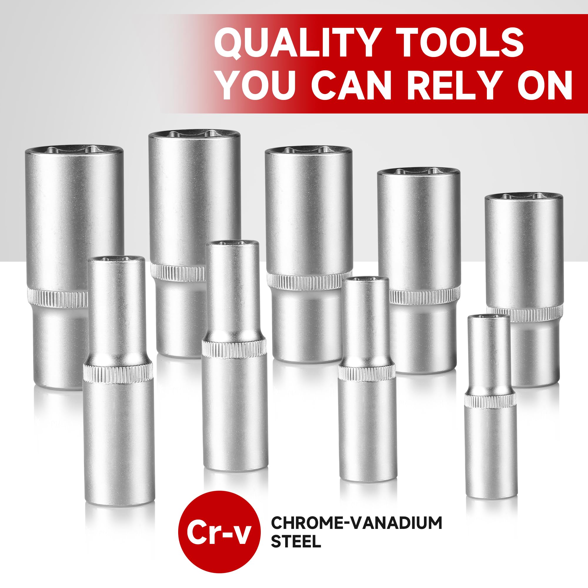 CRAFTZONE metric range 8-24mm deep sockets for universal car, bike, and furniture maintenance.