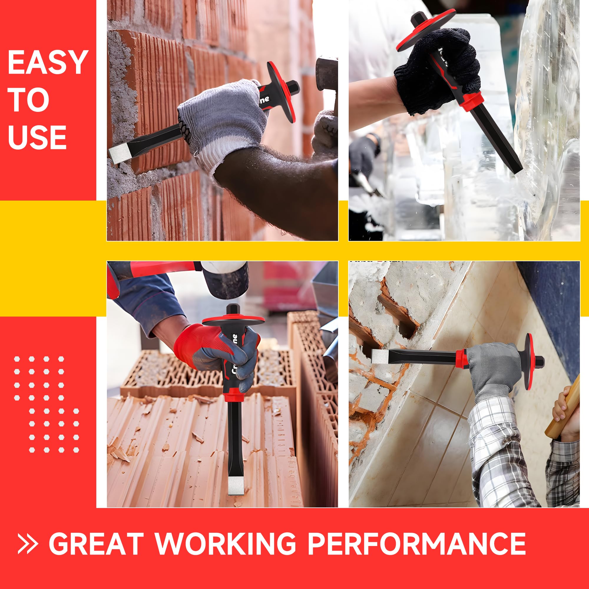 Powder-coated finish resists rust in outdoor masonry projects.