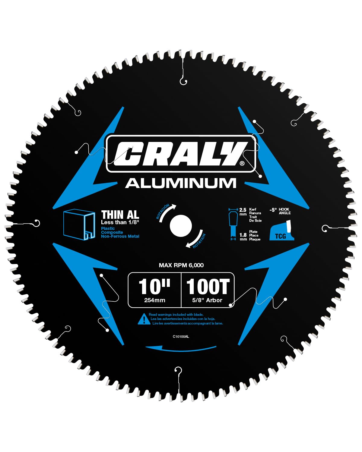 CRALY 10-inch blade with 100 teeth for precise aluminum cuts.