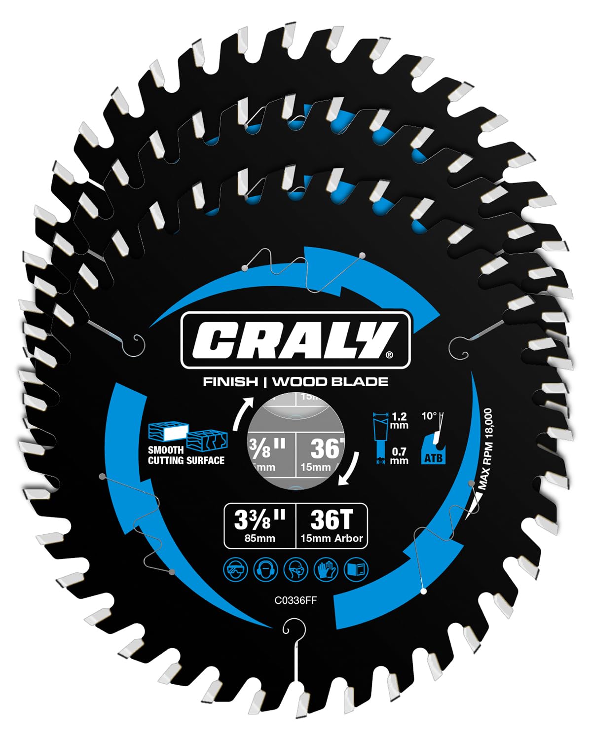 CRALY 3-3/8-inch carbide tipped blade for clean plywood cuts.