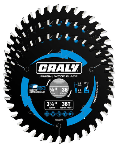 CRALY 3-3/8-inch carbide tipped blade for clean plywood cuts.
