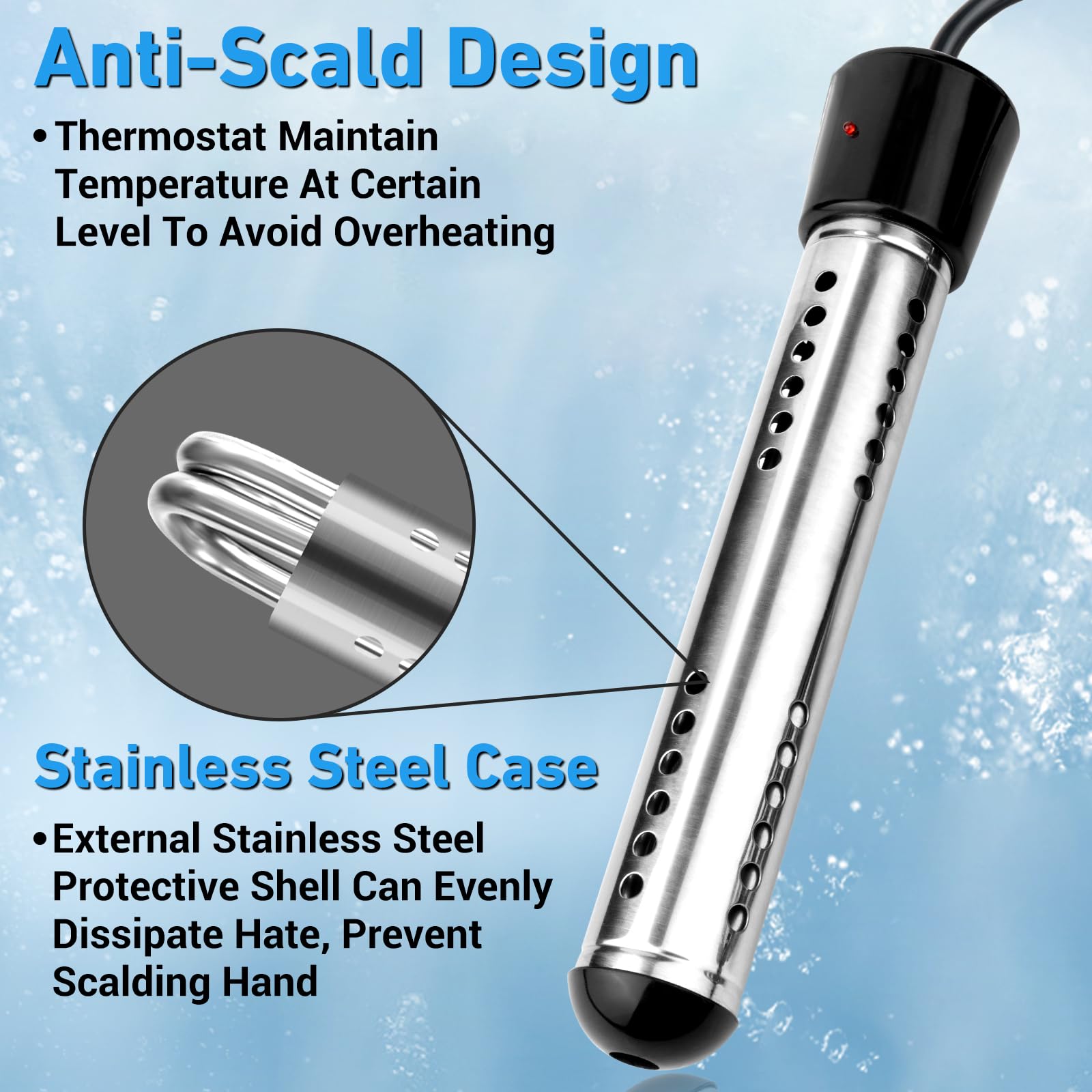 Crazybrace immersion heater placed in water shows a submersible heating design.
