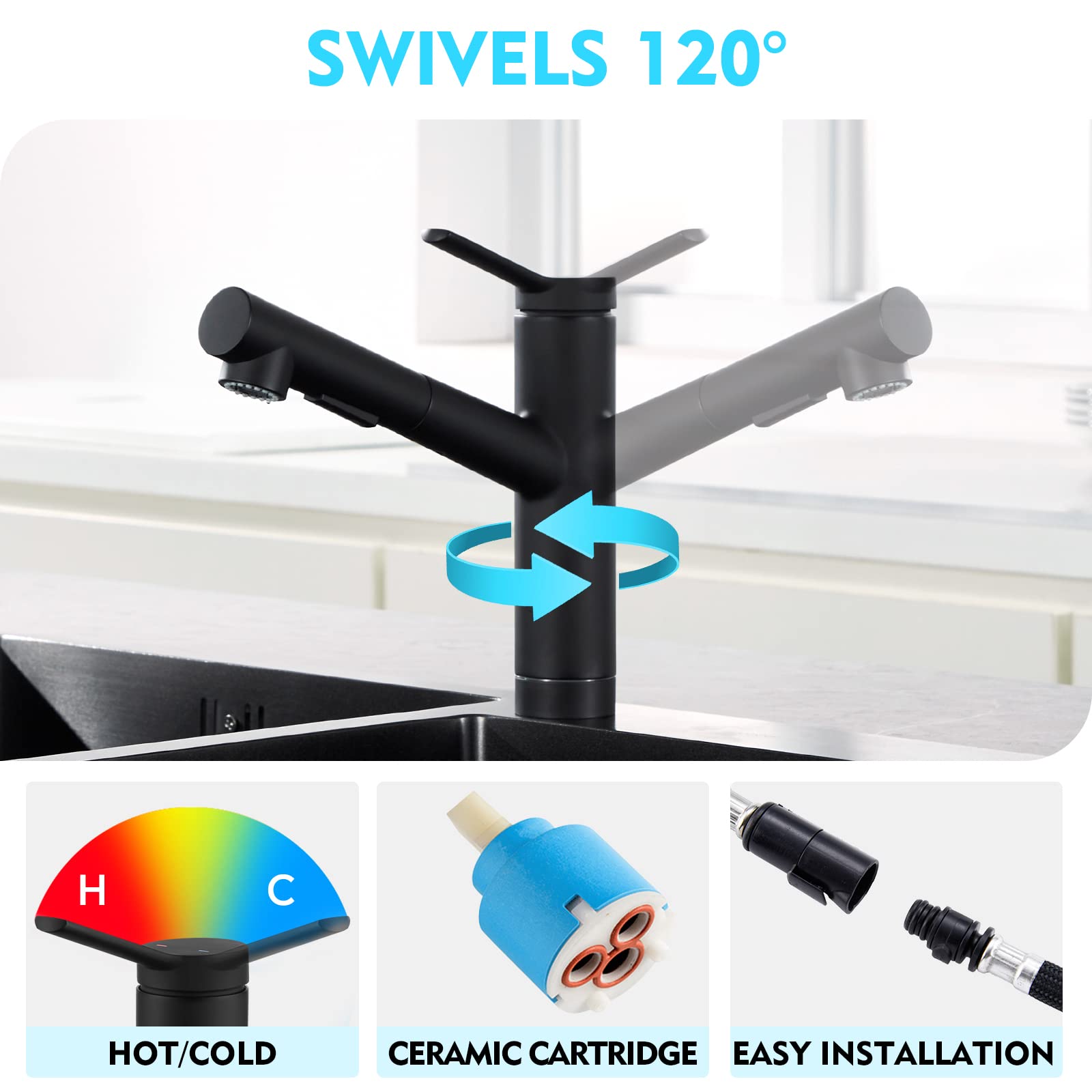 CREA bar faucet dual spray setting for versatile kitchen tasks.