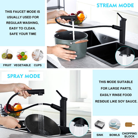 CREA kitchen bar faucet with pull-out sprayer extended for easy cleaning.